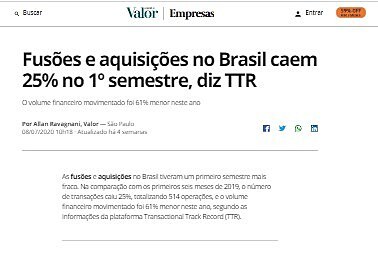 Fuses e aquisies no Brasil caem 25% no 1 semestre, diz TTR